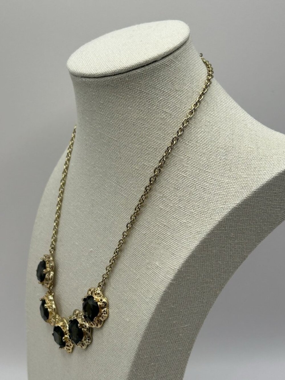 Marlyn Schiff Gold Tone Necklace Green Charcoal Rhinestones Statement Jewelry - Picture 6 of 16